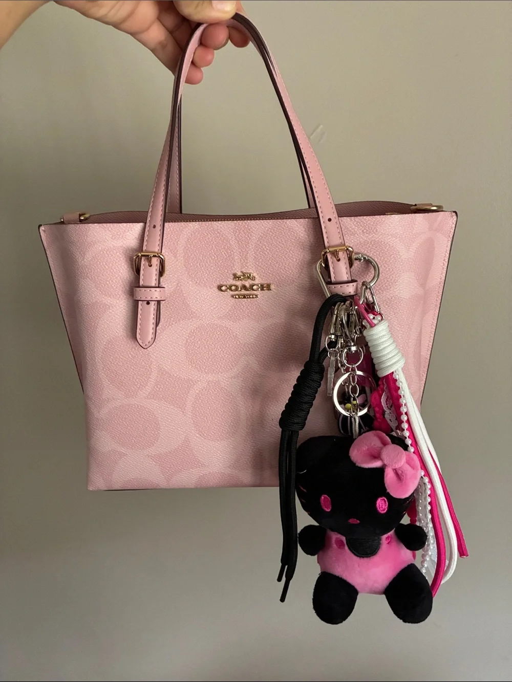 Black & Pink Plush Hello Kitty Keychain with Decorative Straps and Charms